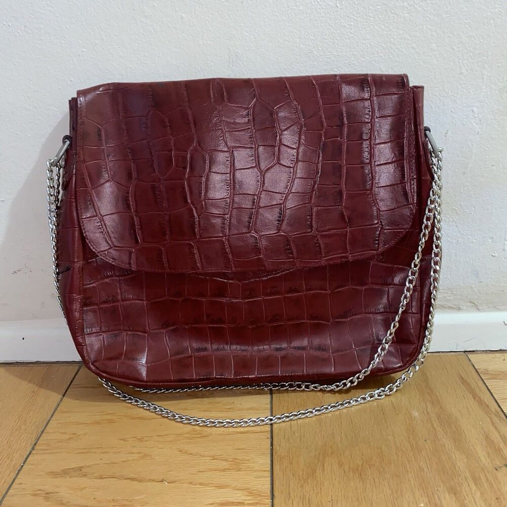 PULCATI ITALIAN PREMIUM LEATHER CROC EMBOSSED BAG HANDBAG W CHAIN MADE IN ITALY